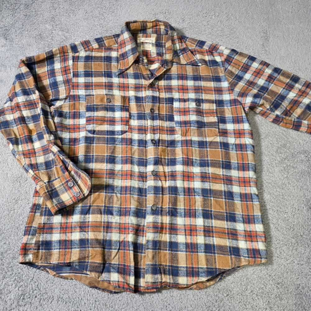 Kmart Mens L Flannel Shirt Brown Blue Orange Plaid Vintage Cotton Button Down